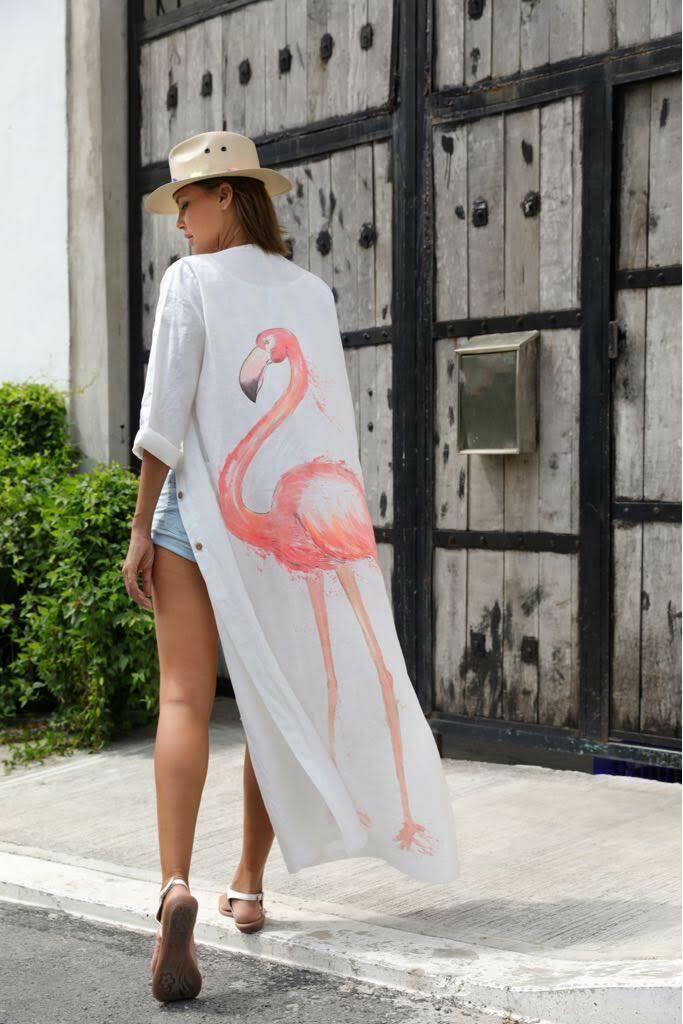 Flamingo hand painted Linen Long shirt-Linen coverup-hand painted kimono-hand painted long shirt-linen long shirt-linen kimono