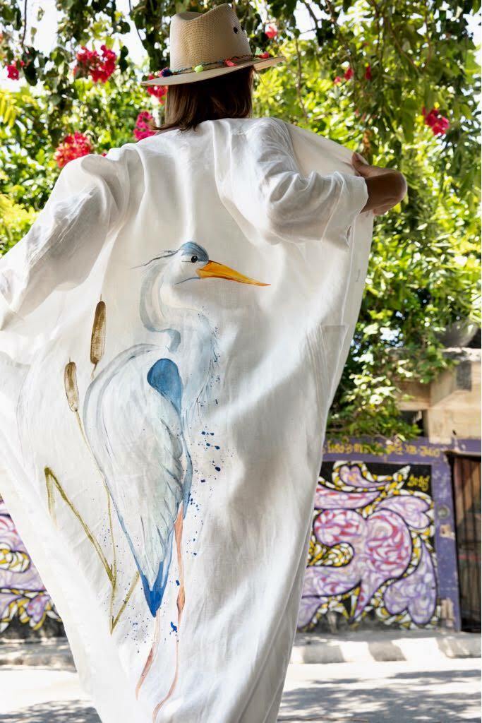 Heron hand painted Linen Long shirt-Linen coverup-hand painted kimono-hand painted long shirt-linen long shirt-linen kimono