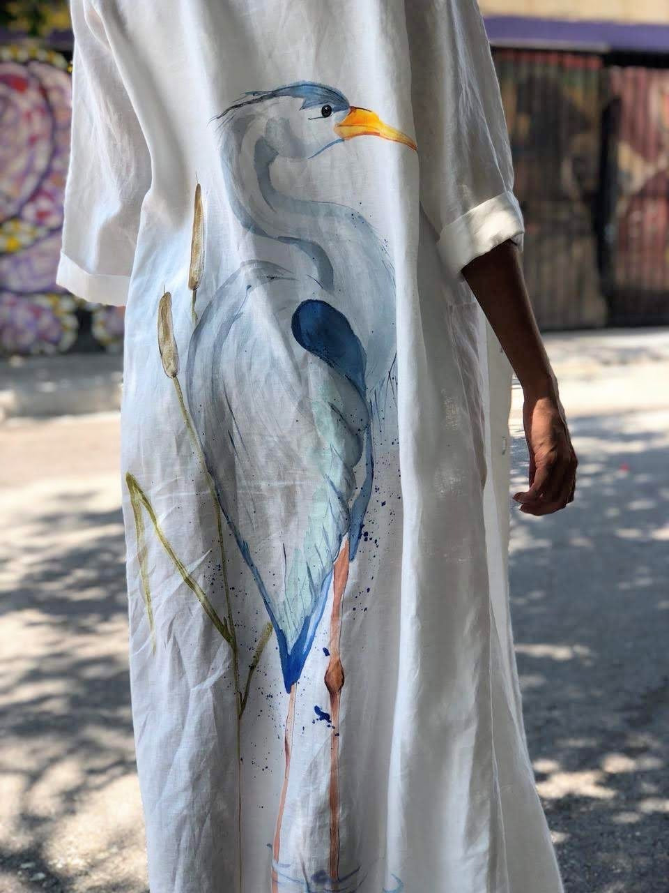 Heron hand painted Linen Long shirt-Linen coverup-hand painted kimono-hand painted long shirt-linen long shirt-linen kimono