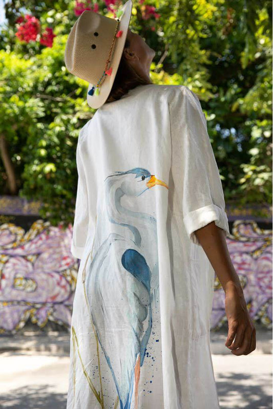 Heron hand painted Linen Long shirt-Linen coverup-hand painted kimono-hand painted long shirt-linen long shirt-linen kimono