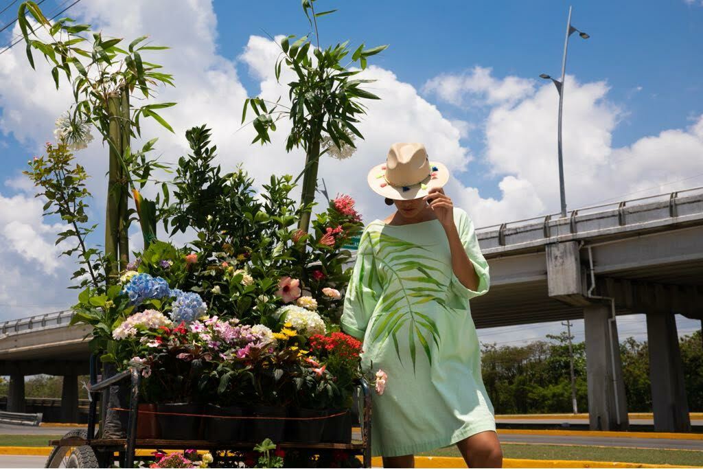 Palm leaf hand painted linen loose cut dress