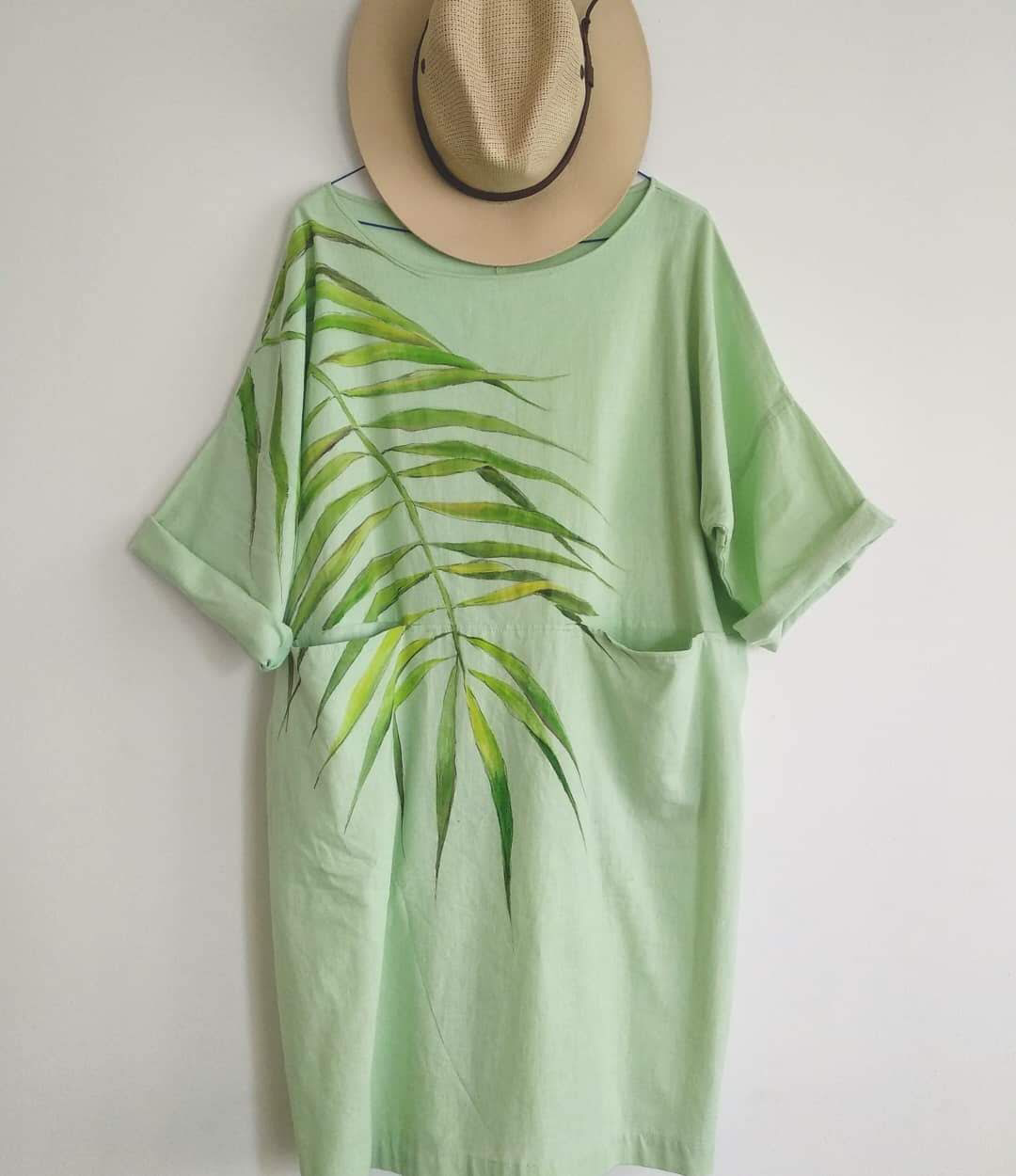 Palm leaf hand painted linen loose cut dress